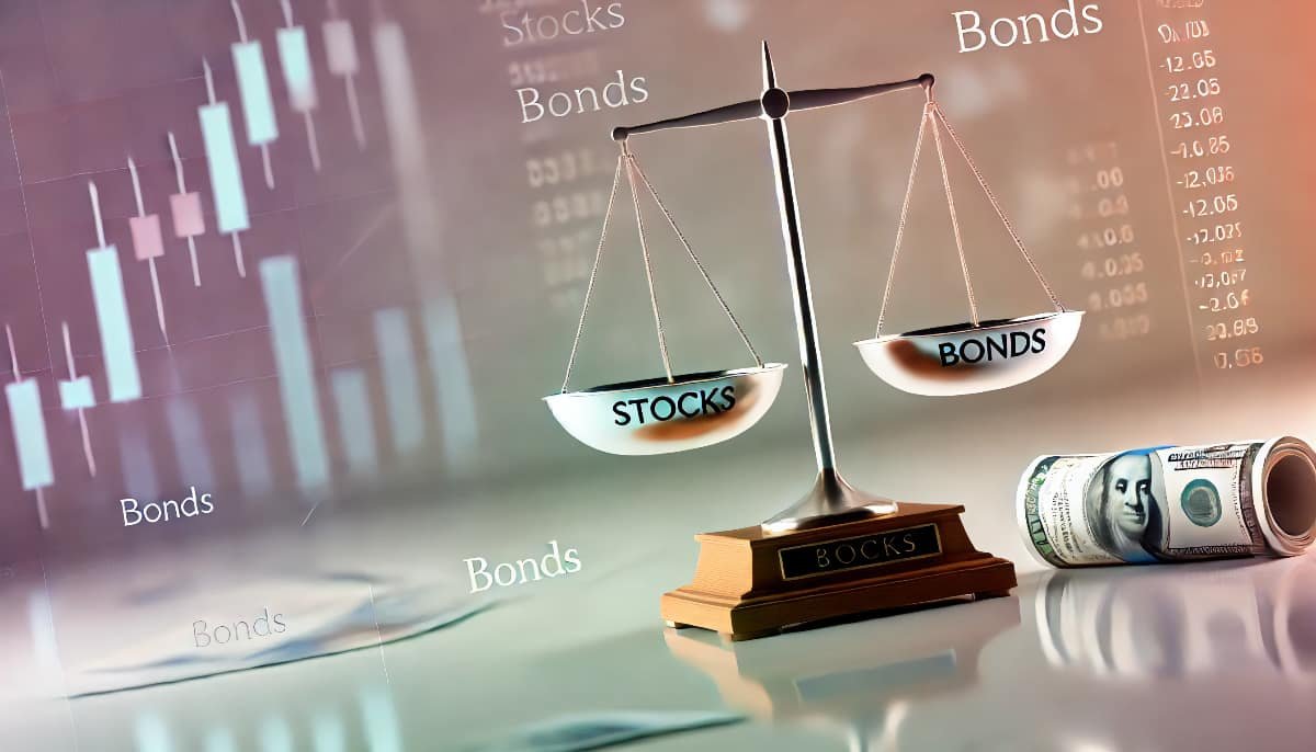 Importance of Rebalancing Your Investment Portfolio 1 A balanced financial scene with a scale, balancing stocks on one side and bonds on the other, symbolizing the importance of rebalancing an investment