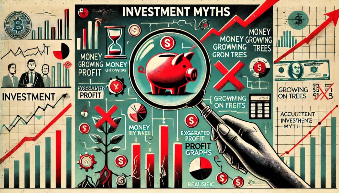 Common Investment Myths Debunked: What to Know 1 A bold and clean image debunking investment myths. It features a magnifying glass highlighting various myth-related icons