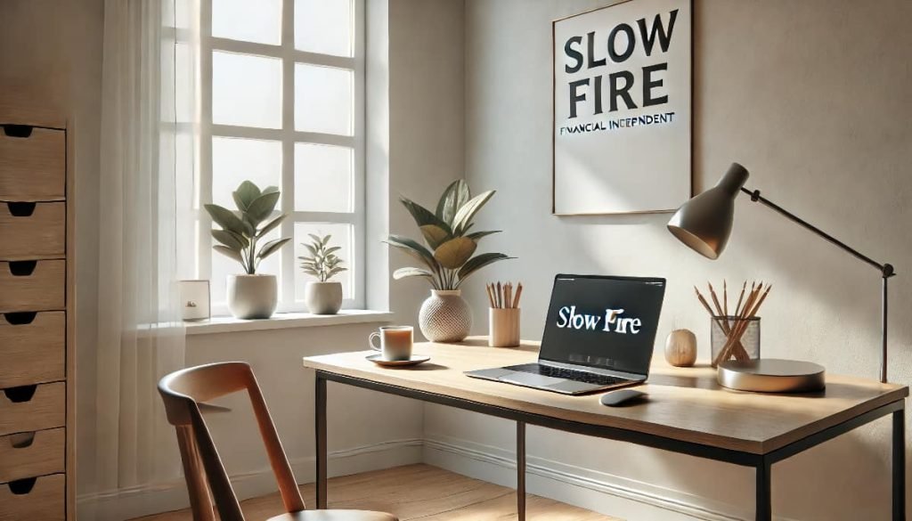 A calm, minimalist home office setup representing the Slow FIRE approach to financial independence. The office features a sleek wooden desk with a lap A calm, minimalist home office setup representing the Slow FIRE approach to financial independence. The office features a sleek wooden desk with a lap