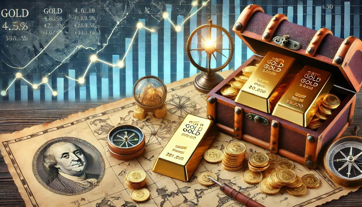 Popular Strategies for Investing in Gold 1 A classic scene featuring gold bars, coins, and an ancient treasure map, evoking popular strategies for investing in gold. The background includes cha