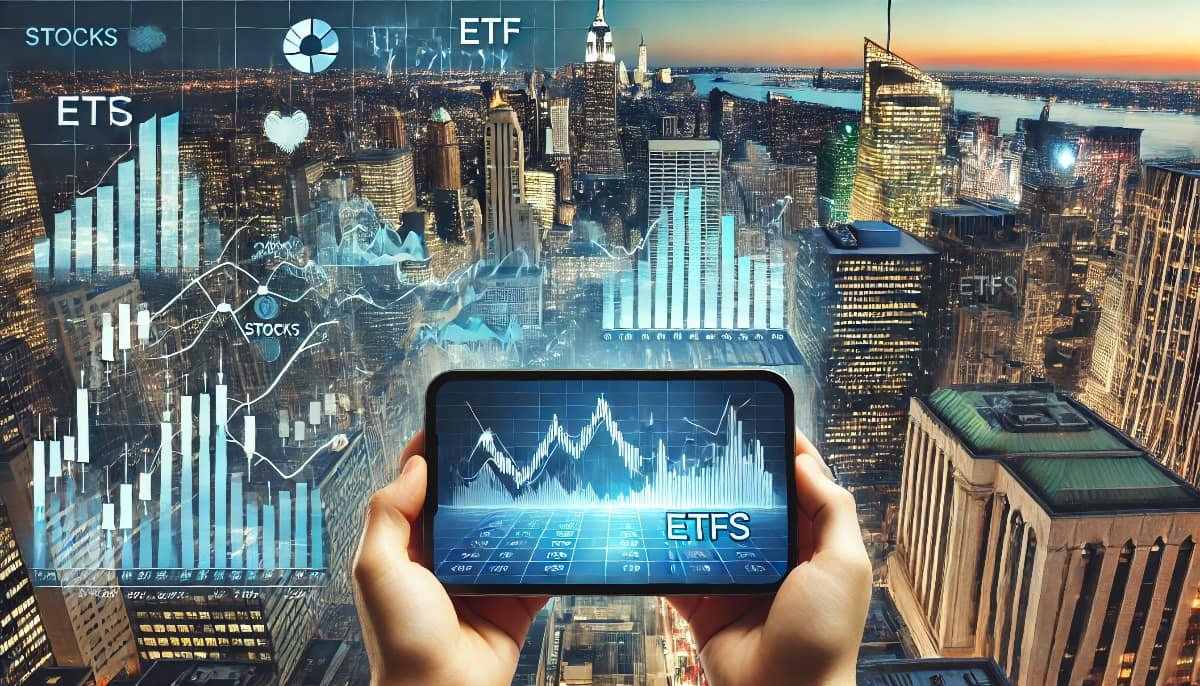 Stocks vs ETFs: Key Differences and Benefits 1 A comparative financial scene featuring stock market graphs and ETF charts side by side on modern devices, highlighting the differences and benefits