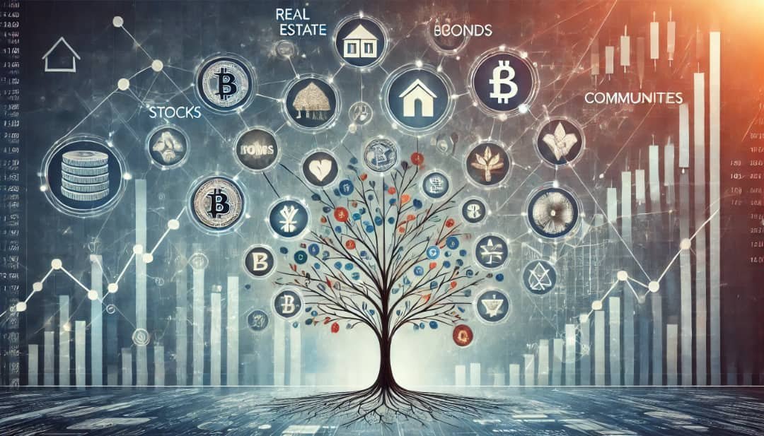 Top Ways to Diversify Your Investment Portfolio 1 A dynamic visual representing investment diversification. The image shows a tree with multiple branches, each bearing different icons like real estate