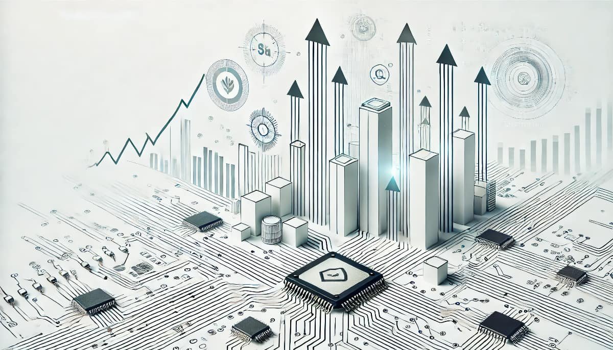 Top Tech Stocks to Watch for Future Gains 1 A few tech-related icons like circuit boards or computer chips with upward financial arrows