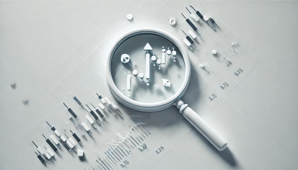 Assessing Investment Risk Before Buying Stocks: A Guide 1 A magnifying glass focusing on stock charts, with small upward and downward arrows