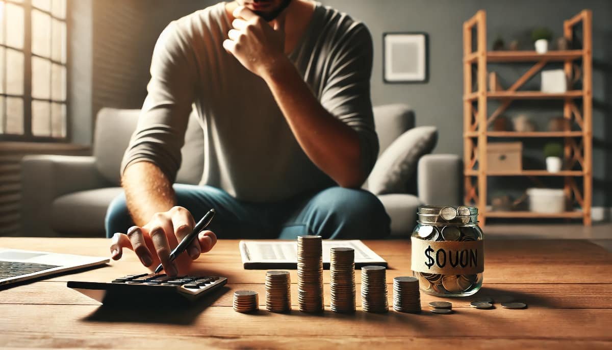 The FIRE Movement: Can You Really Retire Early? 1 A person in their 30s sitting at a desk with stacks of coins and a calculator, carefully budgeting and planning for early retirement. The background i