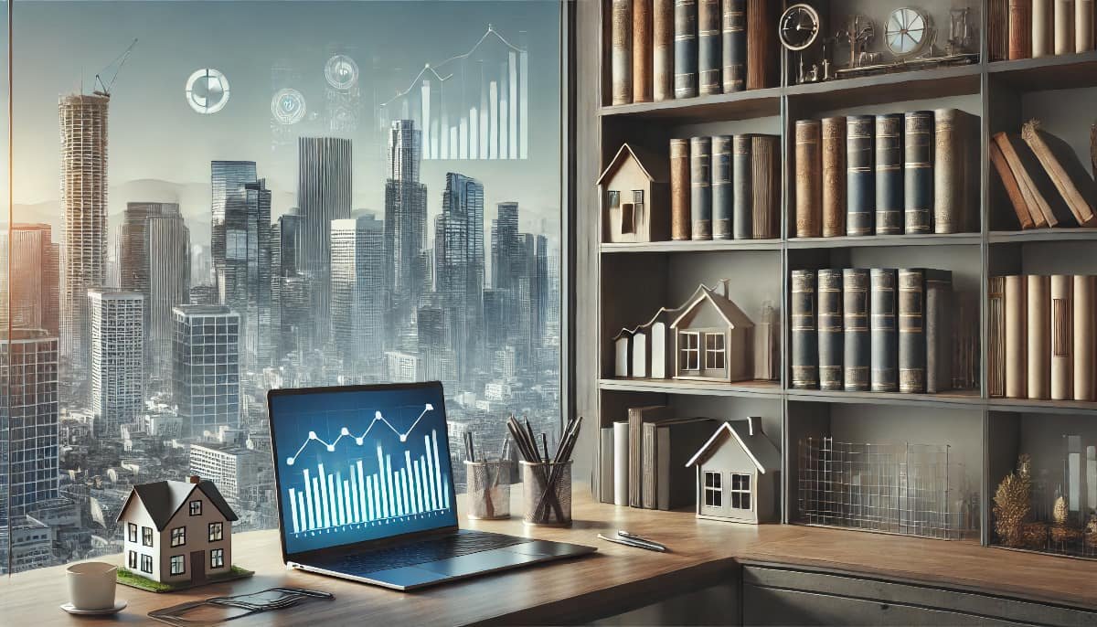 Popular Best Books on Real Estate Investing 1 A sophisticated scene featuring a bookshelf filled with real estate books, a sleek modern desk with a laptop and property charts, and an urban city sky