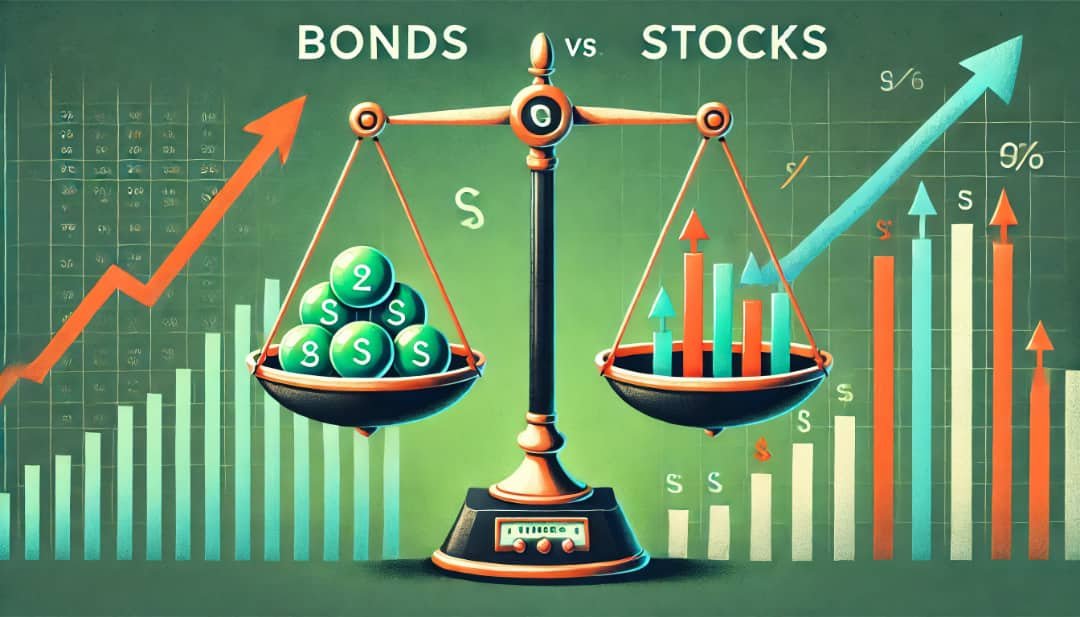 Bonds vs Stocks: Key Differences Explained 1 A visual comparison between bonds and stocks, symbolized by a scale balancing two items_ one side featuring green bonds