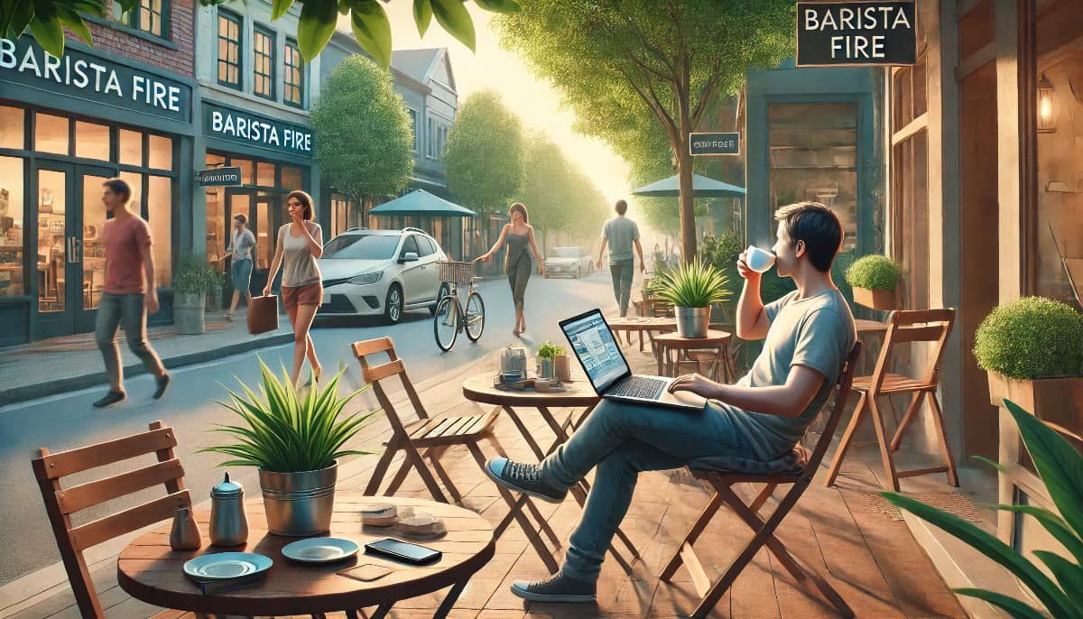 Beyond FIRE: Exploring Alternatives for Early Retirement 1 An outdoor scene of a person sitting at a cafe, symbolizing the Barista FIRE approach to financial independence. The person is holding a coffee cup, c