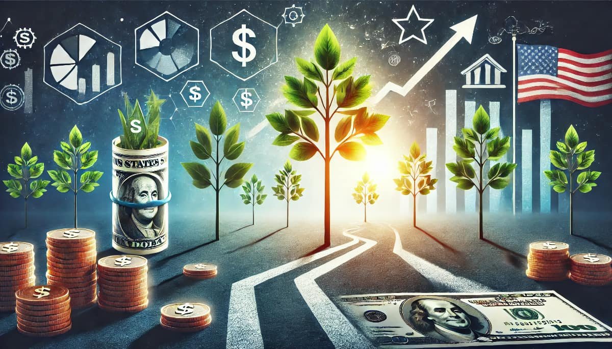 Achieving Financial Independence Through Investing: Steps to Follow 1 An uplifting image representing financial independence through investing, featuring symbols like growing trees, money, and clear pathways