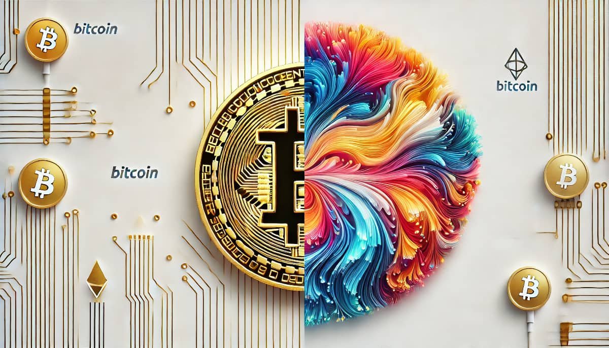 Bitcoin vs NFTs: Understanding the Key Differences 1 Key differences between Bitcoin and NFTs-On one side a golden Bitcoin coin
