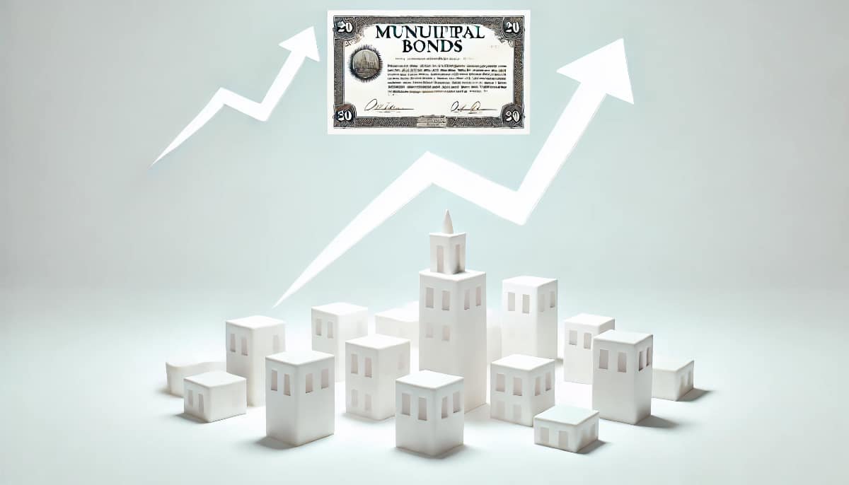 Municipal Bonds: Benefits of Investing Explained 1 Small cityscape with bonds or certificates floating over it, symbolizing municipal bonds
