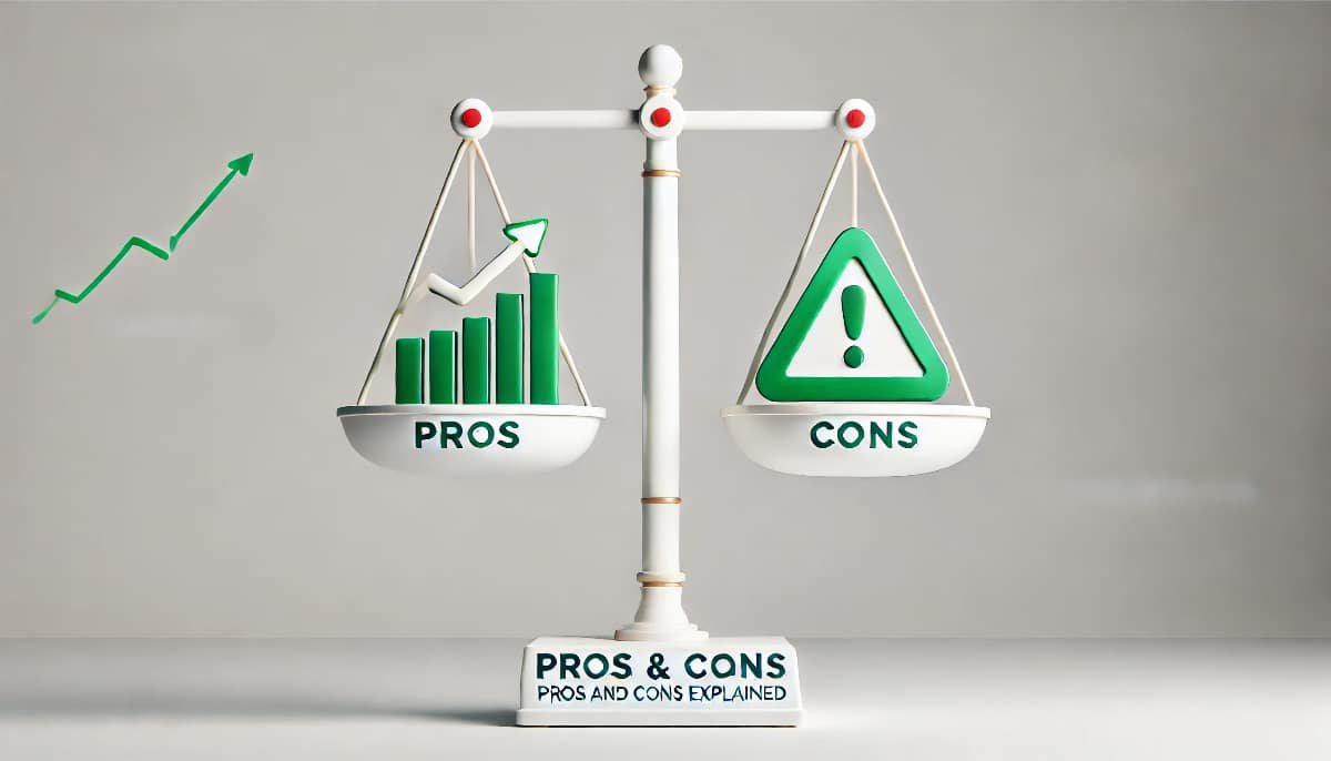 Index Funds: Pros and Cons Explained 1 a balanced scale representing pros and cons with one side showing a bar graph for growth