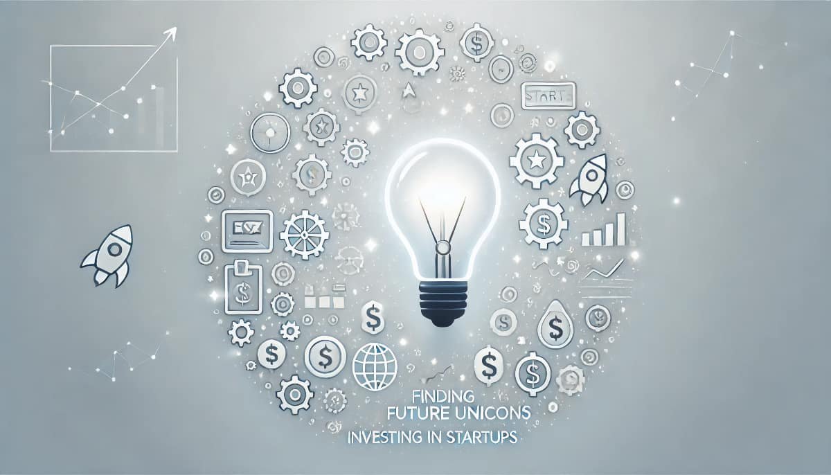 Finding Future Unicorns: Investing in Startups 1 a glowing lightbulb in the center, symbolizing new ideas, surrounded by small icons