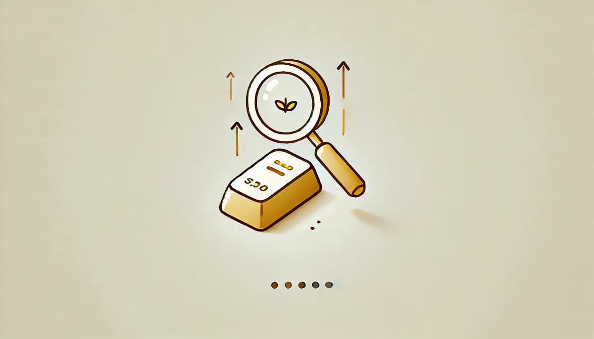 Investing in Gold: A Buying Guide 1 a gold bar in the center, with a magnifying glass examining its surface