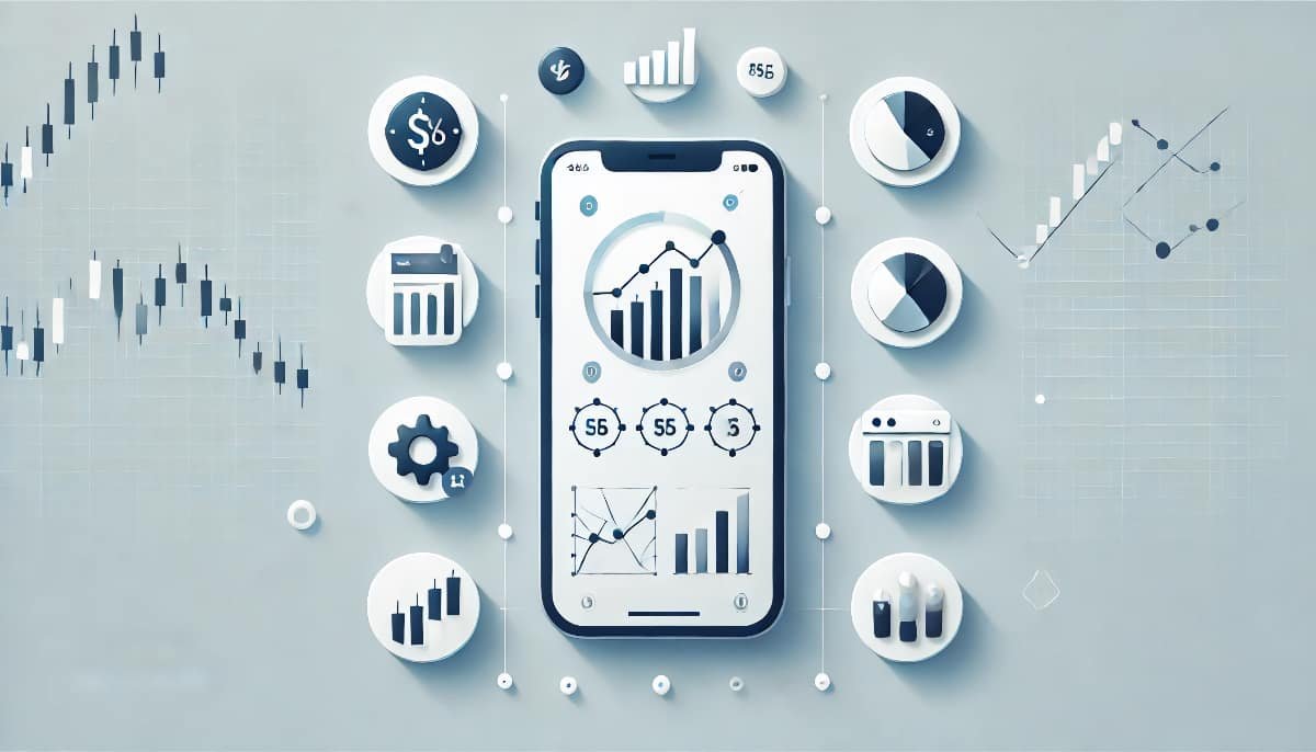 The Right Investment Apps for New Investors 1 a smartphone in the center, with app icons related to finance, investing, and charts around it