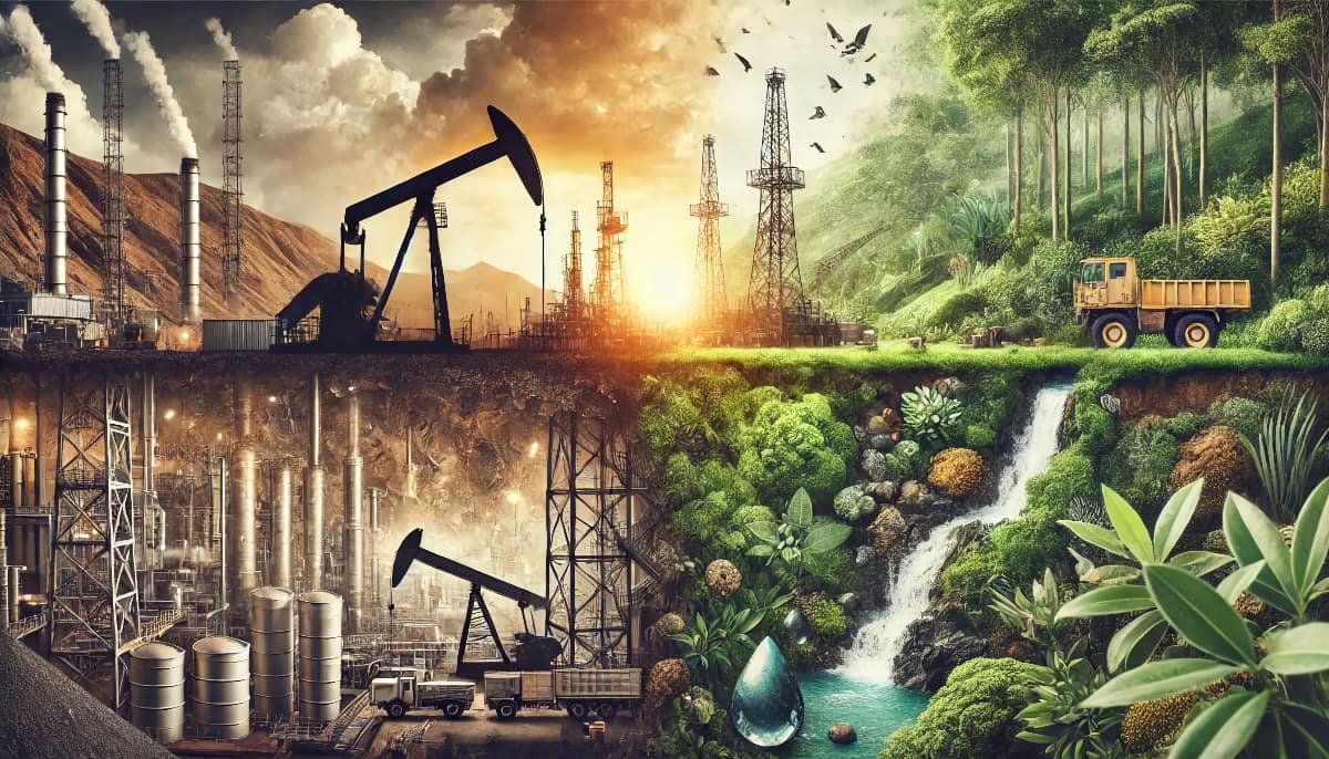 Natural Resources Investment: Opportunities and Risks Explained 1 concept of natural resources investment, showing elements like oil rigs, mining operations, and lush landscapes