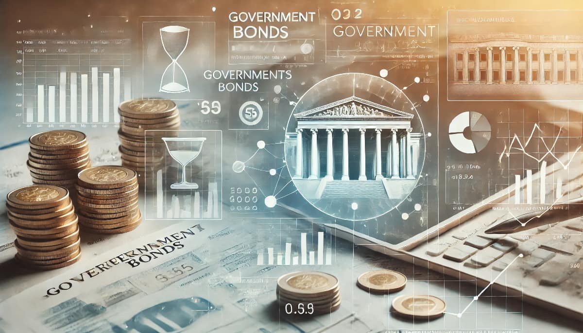Government Bonds: A Beginner’s Investment Guide 1 government bonds represented by documents, financial graphs, and charts, with a calm, neutral background