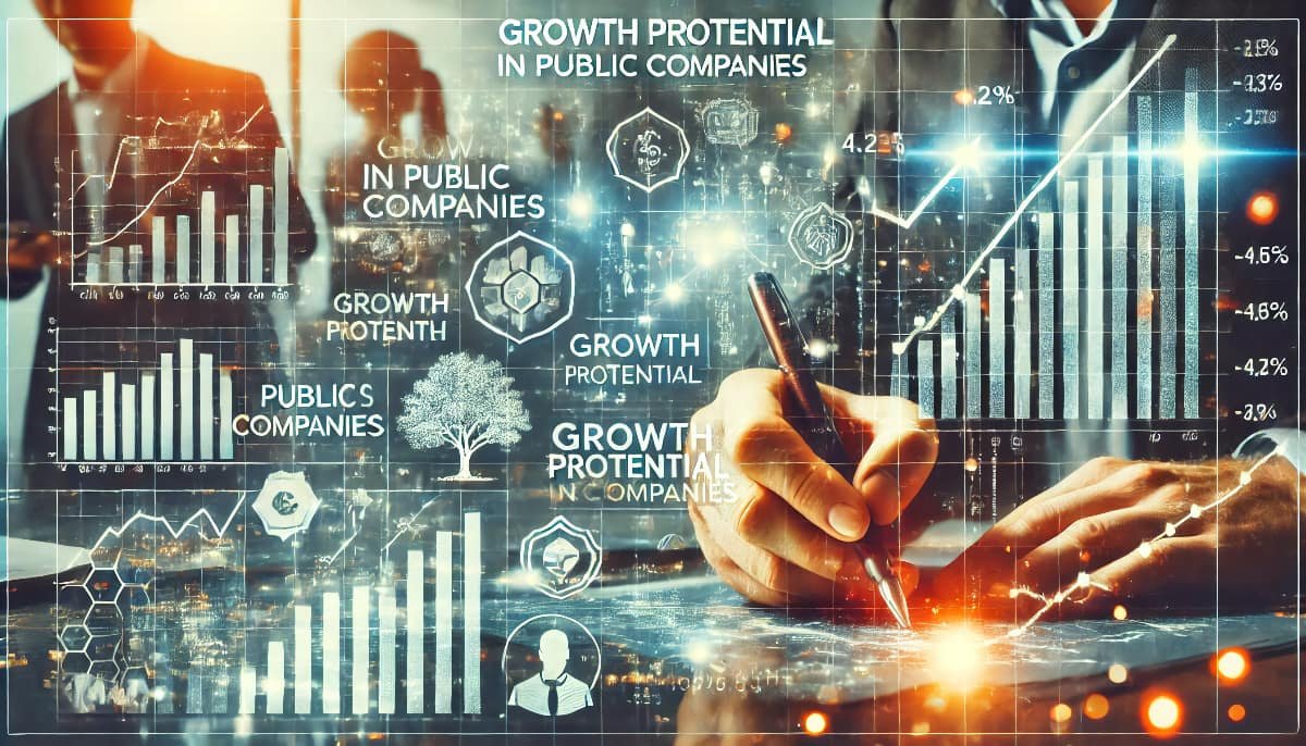 Evaluating Growth Potential in Public Companies: Key Tips 1 growth potential in public companies, with visual cues like stock graphs, business people analyzing data