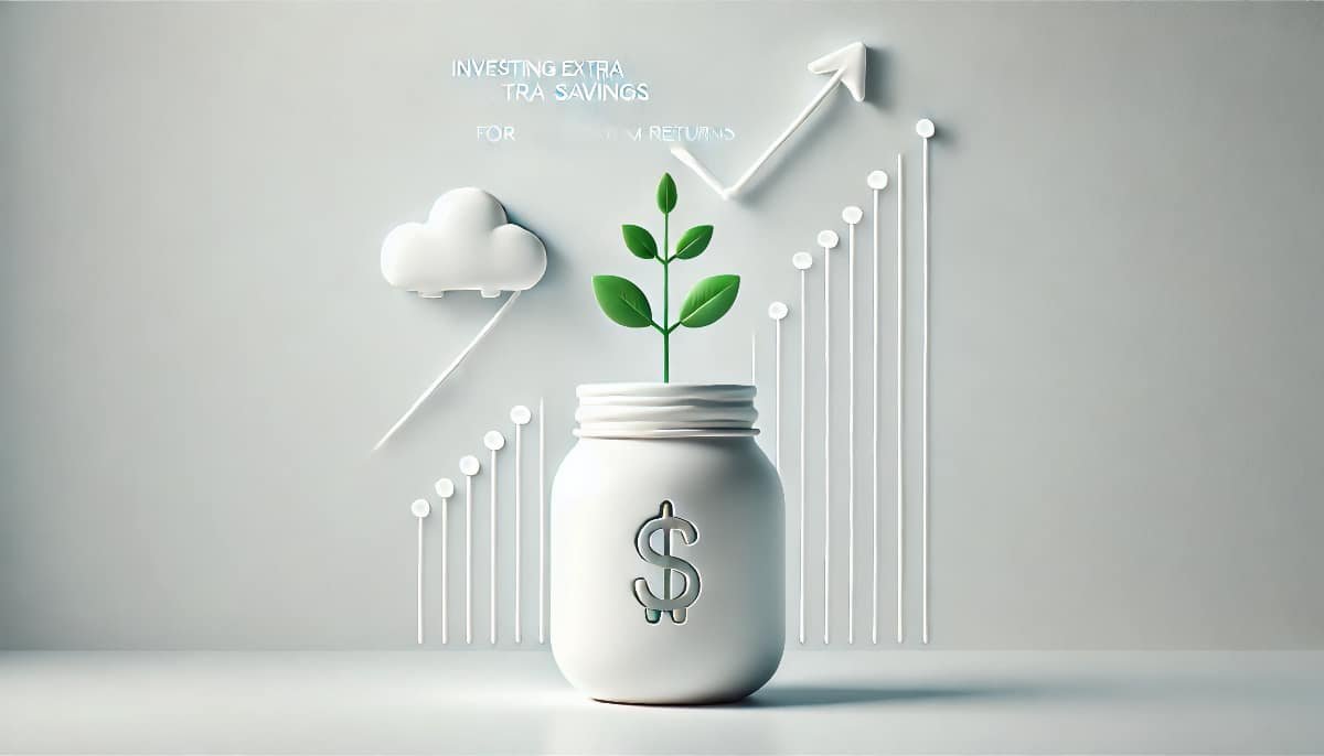 Best Ways to Invest Extra Savings for Maximum Returns 1 illustration of a savings jar growing a small plant, symbolizing investing extra savings for maximum returns