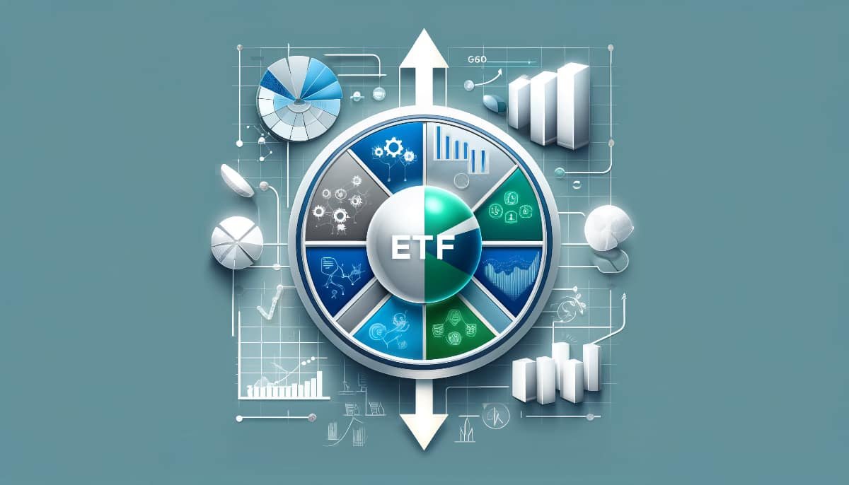 ETFs: Key Advantages for Your Portfolio 1 image highlighting the advantages of ETFs in a financial portfolio. Show symbols of diversity and growth, such as a pie chart divided into sectors