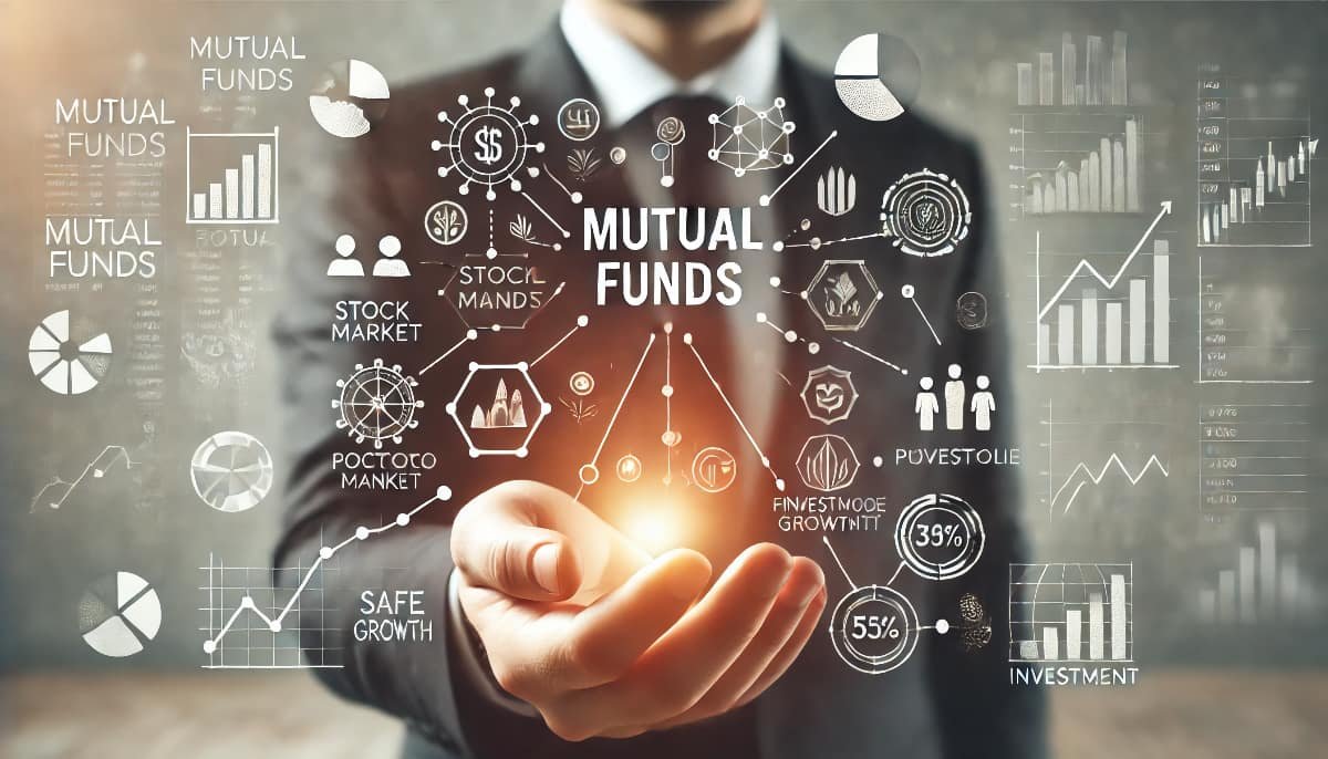 Best Mutual Funds for Beginners 1 image representing mutual funds, with visual cues such as diverse stock market symbols, financial growth charts