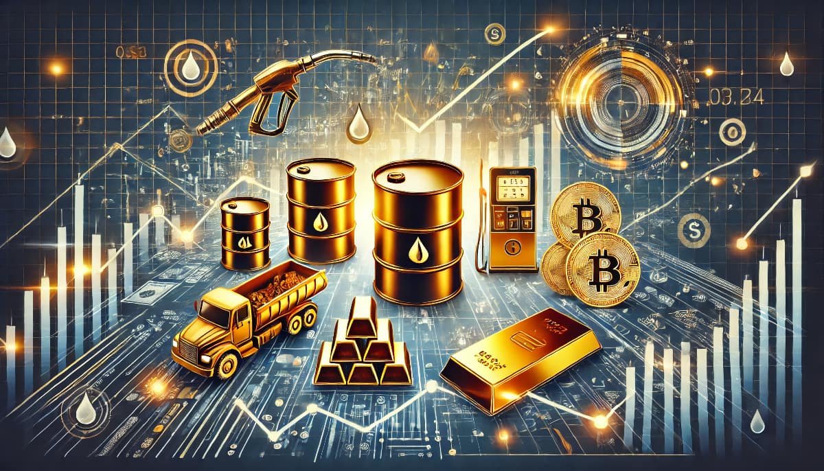 Investing in Commodities: Oil, Gas, and Precious Metals 1 investments in commodities such as oil, gas, and precious metals. The image includes symbols like barrels, gas pumps