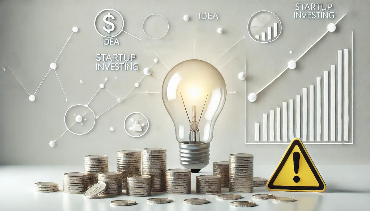Startup Investing: Opportunities and Potential Risks 1 lightbulb representing an idea, surrounded by small coins and a startup graph to symbolize startup investing