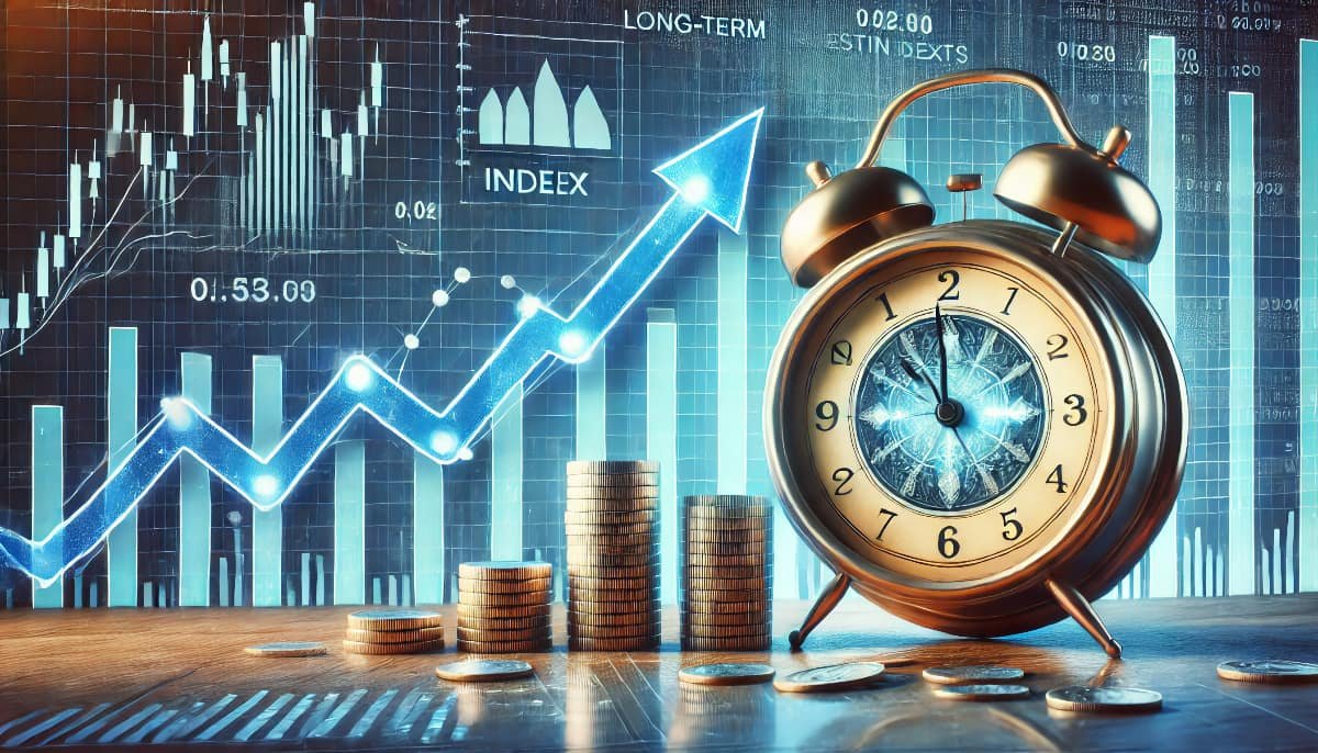 Long-Term Investments in Indexes: Why They Matter 1 long-term investments in indexes. The image shows a steady, upward-trending stock market graph with a clock symbolizing time