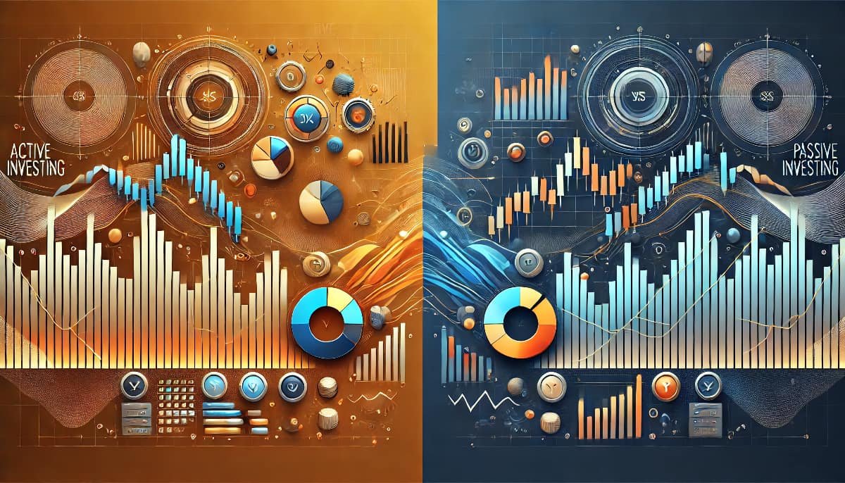 Active vs Passive Investing: What You Should Know? 1 mage comparing active vs passive investing. Show a contrast between dynamic, fast-moving charts and graphs representing active investment