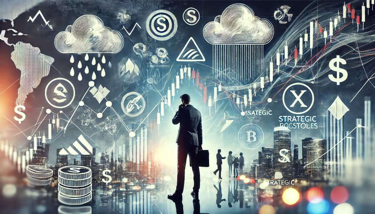 Managing Your Portfolio During Economic Crises 1 managing portfolios during economic crises, with visual elements like declining stock graphs, stormy weather symbols