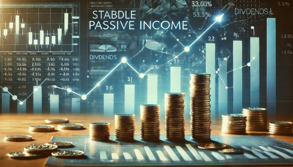 Building Stable Passive Income Streams with Dividends 1 passive income from dividends - coins stacked to form a growing bar chart