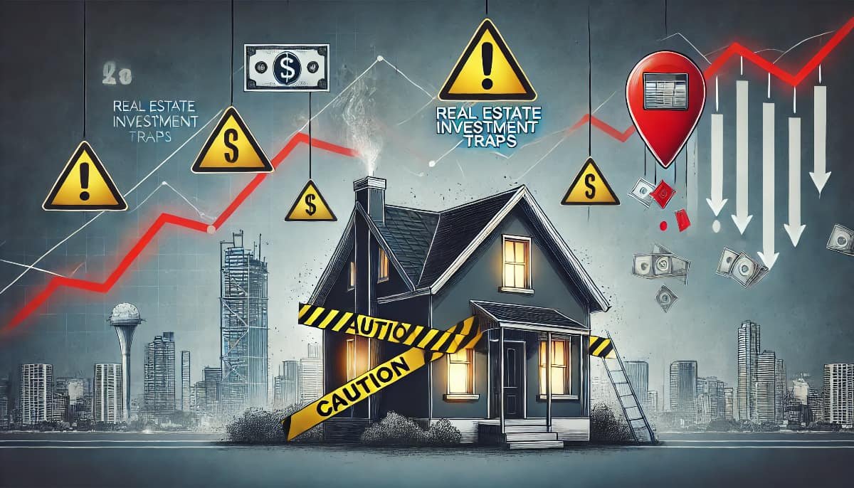 Avoid Real Estate Investment Traps: Essential Guide 1 real estate investment traps. Depict a house or property with warning signs and caution tape