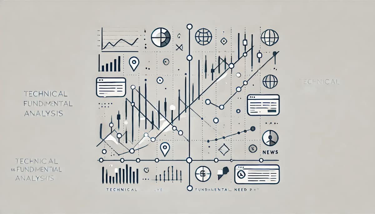 Technical vs Fundamental Analysis: What You Need to Know 1 two intersecting charts—one with simple lines representing technical analysis and one with text